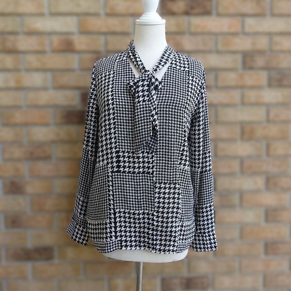 Ann Taylor Factory Black & White Tie Neck Blouse - Size M